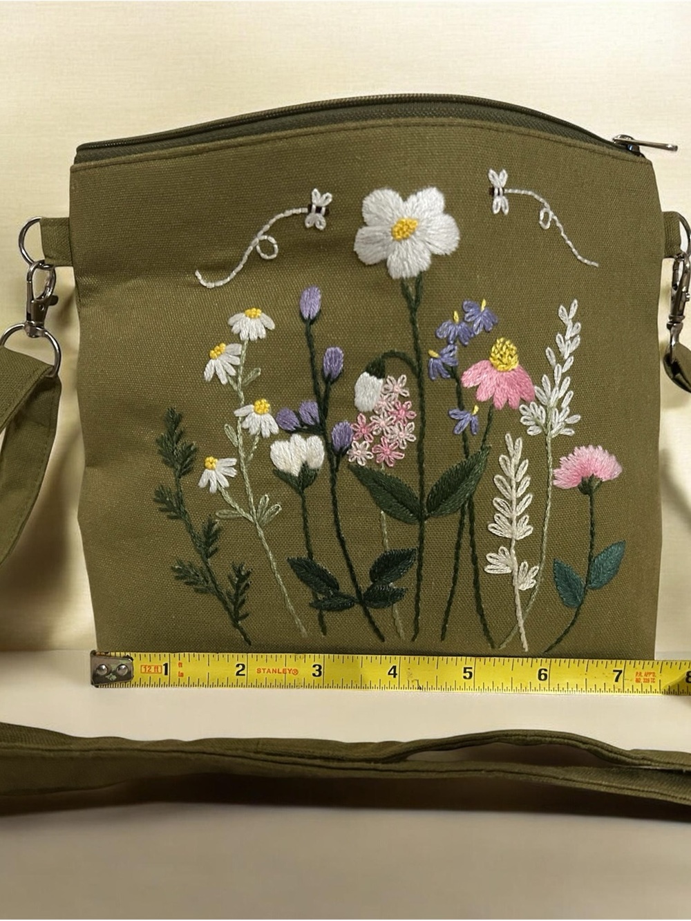 Olive Green Floral Embroidered Crossbody Bag